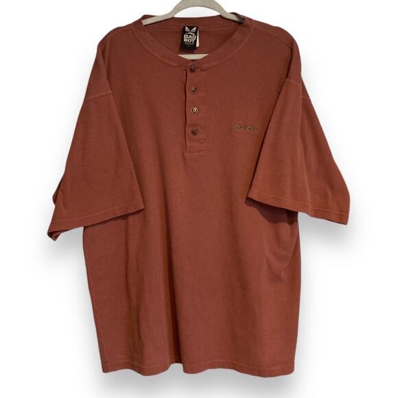 Mens Vintage Bad Boy Club Brick Red 1/4 Button Ribbed Cotton T-Shirt Size Large - Picture 1 of 15